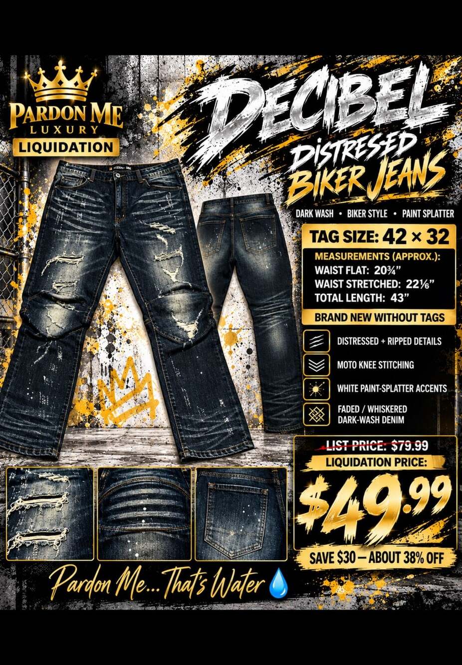 Decibel Distressed Biker Jeans – Dark Wash Paint Splatter Denim